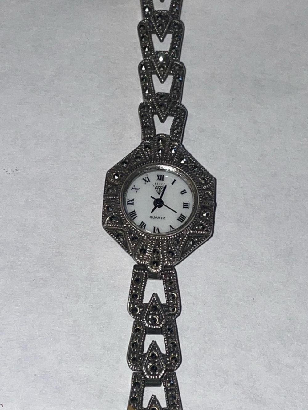 Vintage Marcasite Ladies Watch: 1920s Diamond Quartz Sterling Silver Bracelet